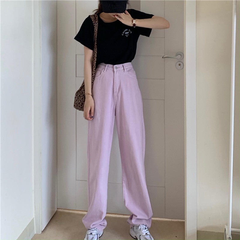 Quần jeans màu tím pastel lưng cao ống rộng (ảnh thật cuối)