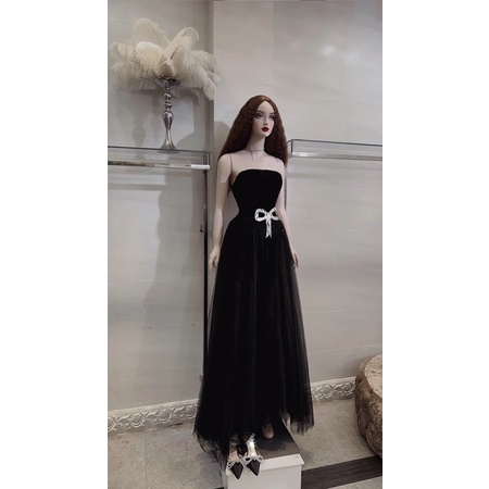 Đầm dạ hội hai dây lưới đen,váy maxi dạ hội đen kết nơ