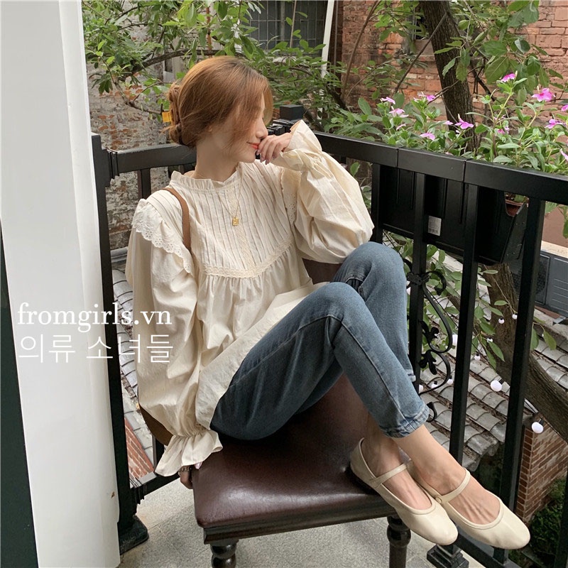 Áo sơ mi tay phồng, áo babydoll cánh tiên dài tay phong cách tiểu thư mềm mại thoáng mát