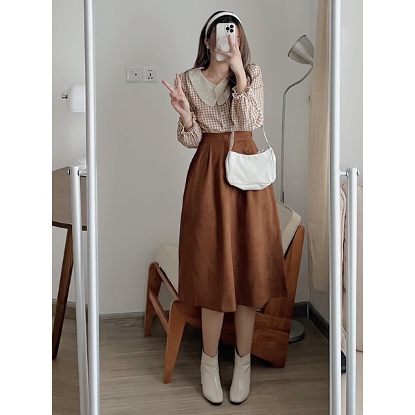 [Ảnh thật/Video]Chân váy nhung tăm Quảng Châu dáng dài