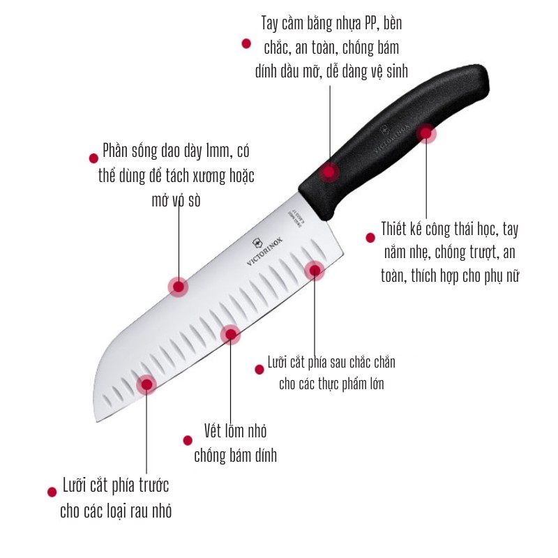 Dao nhà bếp, dao thái thịt Victorinox Santoku 17cm cạnh sáo - BST Swiss Classic (Thụy Sỹ)