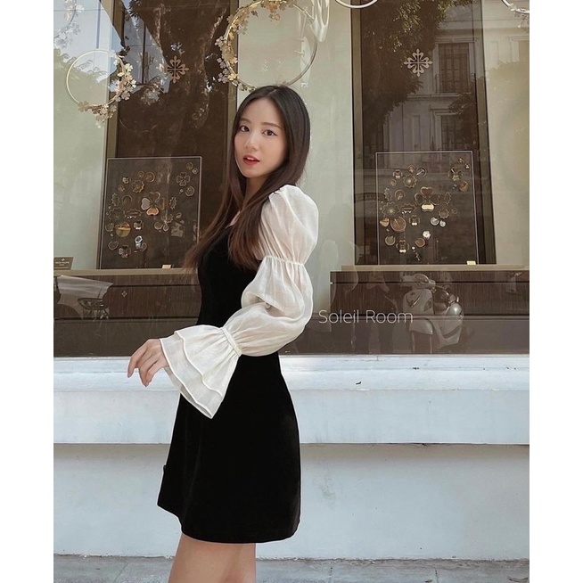 [ Có sẵn ] Váy liền phối tay voan cổ vuông cách điệu hàng chuẩn l1 | BigBuy360 - bigbuy360.vn