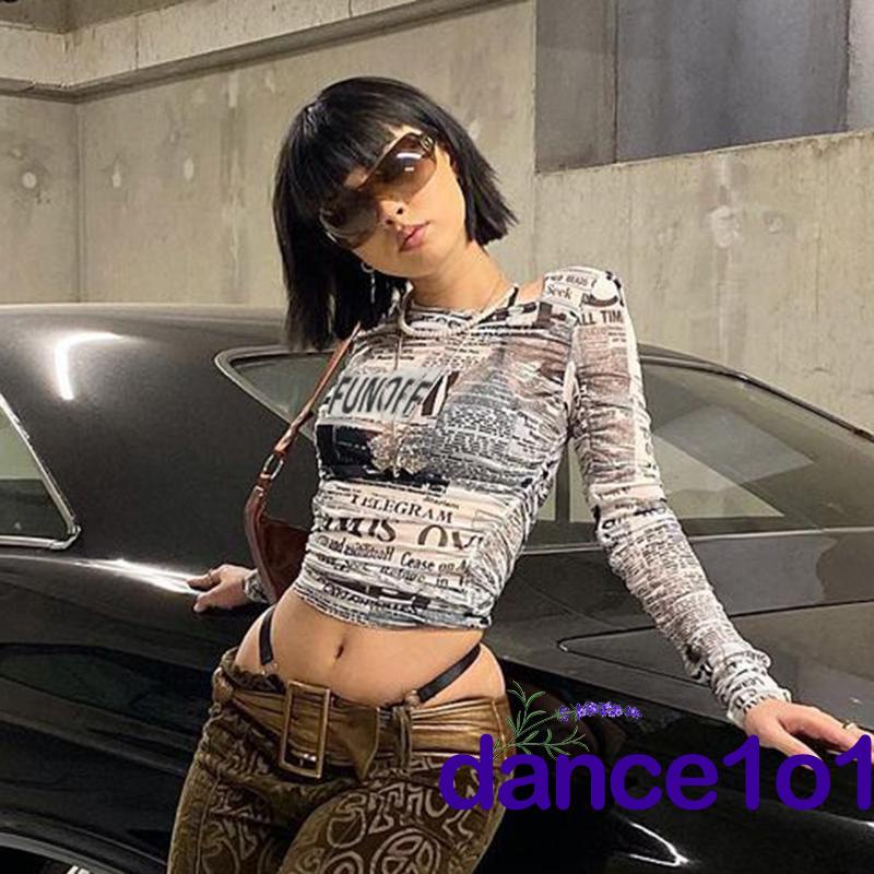 Áo thun dài tay cổ tròn xuyên thấu in họa tiết tờ báo phong cách gợi cảm cho nữ