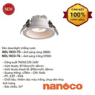 Đèn LED Downlight Chống Nước Nanoco 7W NDL1833-73, NDL1833-76 - Góc Chiếu 20°