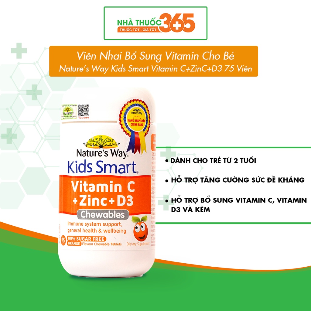 Viên Nhai Nature’s Way Kids Smart Vitamin C+ZinC+D3 Chewable Tablets Bổ Sung Vitamin Cho Bé Phát Triển Toàn Diện 75 Viên