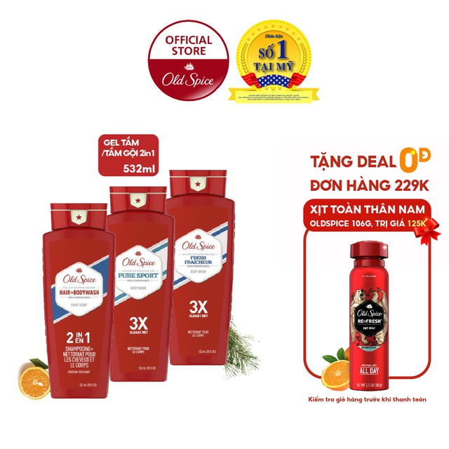 Gel Tắm Gội Old Spice nhiều mùi hương 532ml/chai