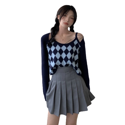 QKOOLE  Áo len dài tay trễ vai họa tiết kim cương phong cách Hàn Quốc thời trang cho nữ