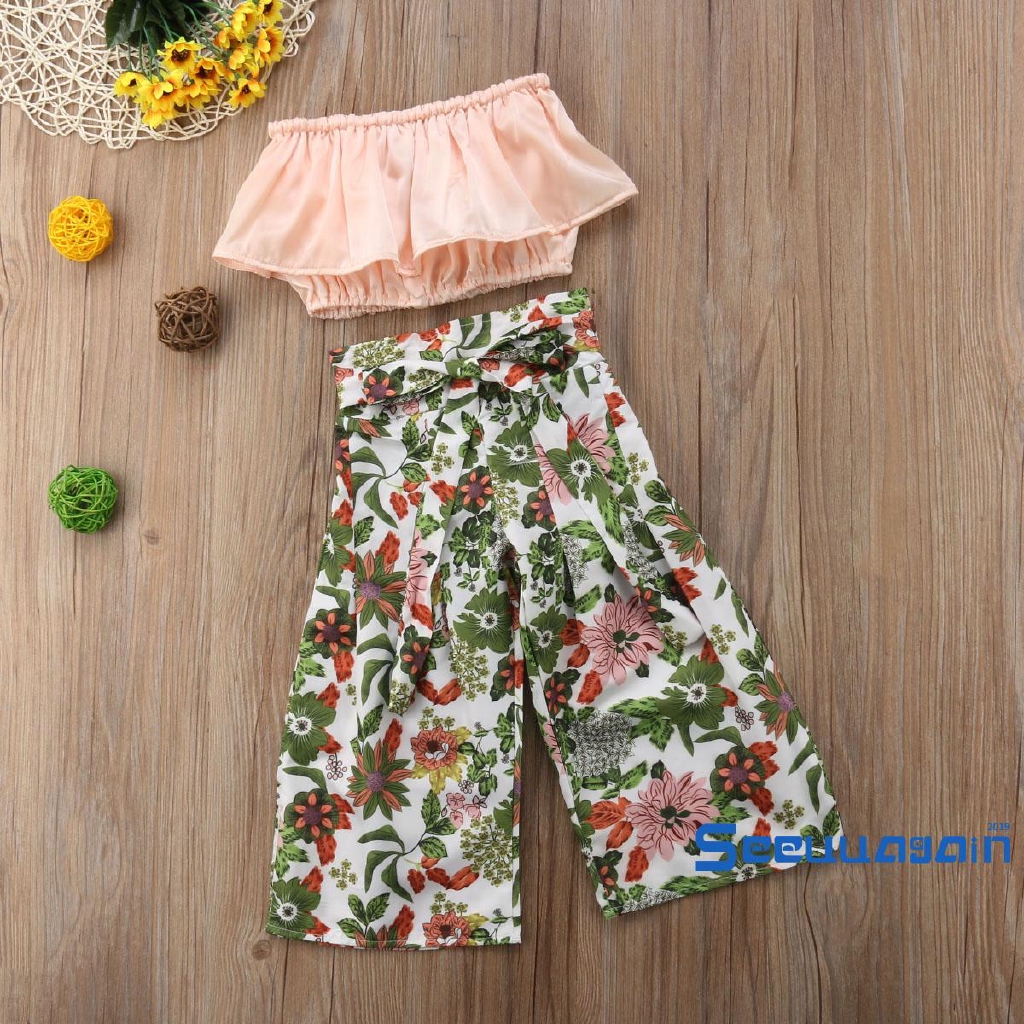 Set Áo Croptop+Quần Dài In Hoa Dễ Thương Cho Bé Gái