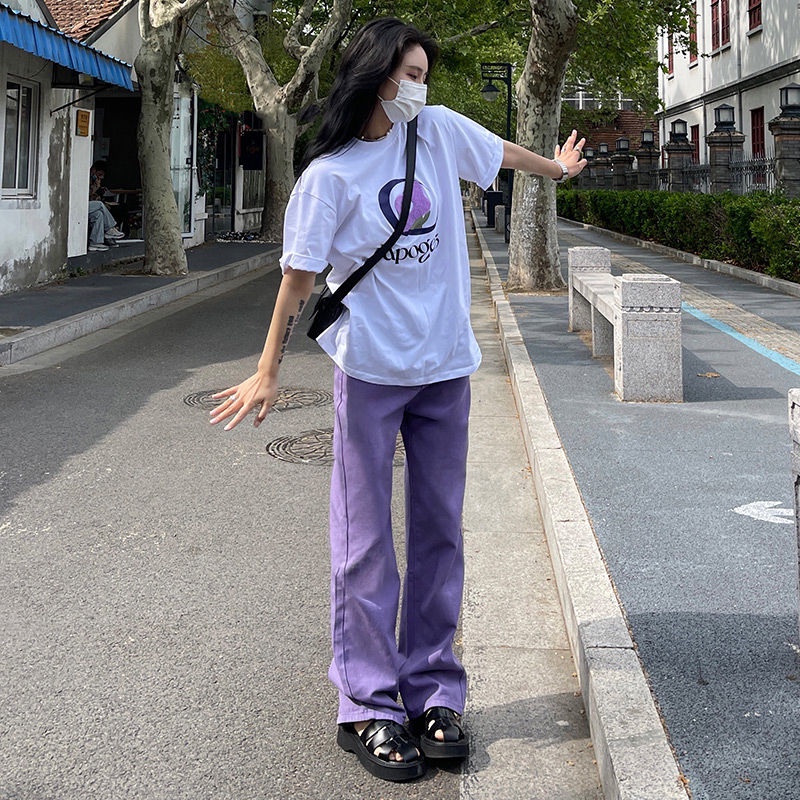 ◙☾Quần Jean Ống Rộng Lưng Cao Màu Tím Thời Trang Mùa Hè Hàng Mới Phong Cách Mỹ 2022 Cho Nữ