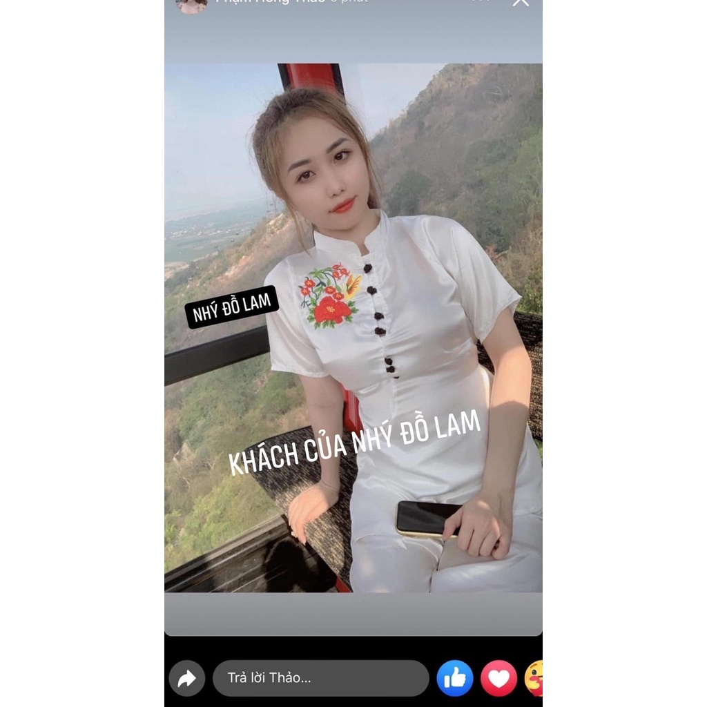 Đồ Lam Nữ Đi Chùa Thêu Hoa Kèm Dây Cột Eo Thắt Nơ Sau Lưng VẢI LỤA LATIN