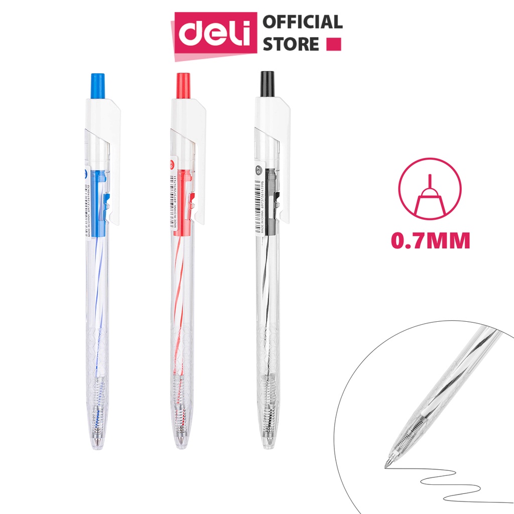 Bút bi bấm văn phòng mực xanh đen đỏ ngòi 0.7mm Deli giá rẻ viết nét đều trơn tru phù hợp cho học sinh EQ24