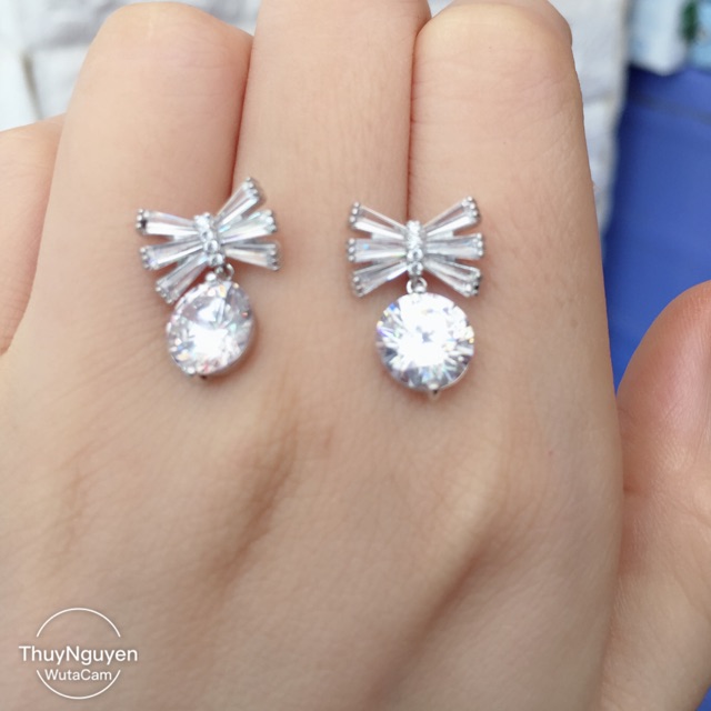 Khuyên tai nơ bạc thật mạ vàng trắng cao cấp đá nhân tạo siêu sáng