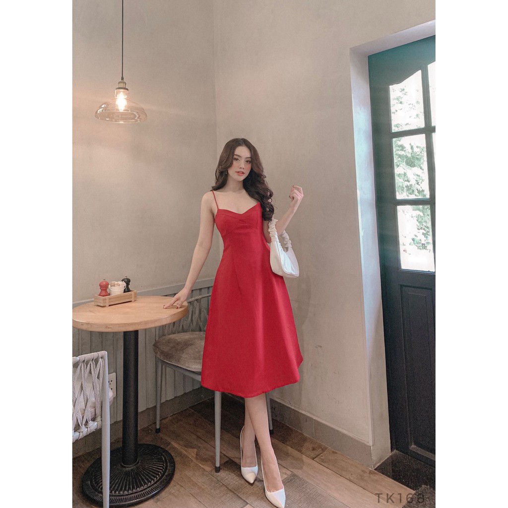 [SHIP 2H] Váy đầm dự tiệc dáng xòe đỏ 2 dây thiết kế cúp ngực trẻ trung | BigBuy360 - bigbuy360.vn