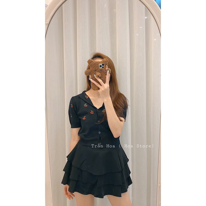 [Mã FASHIONT4WA2 giảm 10K đơn 50K] Áo len mông cộc tay cổ V quả cherry (thêu) (1501#) | BigBuy360 - bigbuy360.vn