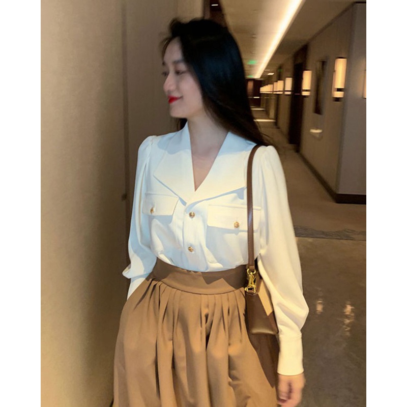 Áo sơ mi ZHELIHANGFEI tay dài cổ chữ V dáng rộng phong cách Pháp thời trang