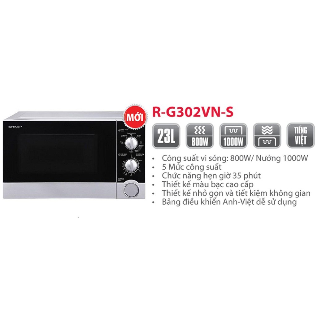 Lò vi sóng có nướng điện tử Sharp R-G302VN-S 23L (Đen bạc) - Công suất 1000w - Bảo hành 12 tháng