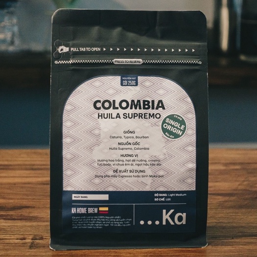 Cà phê Arabica COLOMBIA pha Espresso, Cà phê Specialty cao cấp Hương hoa trắng Body dày dặn Hậu vị ngọt kéo dài gói 250g