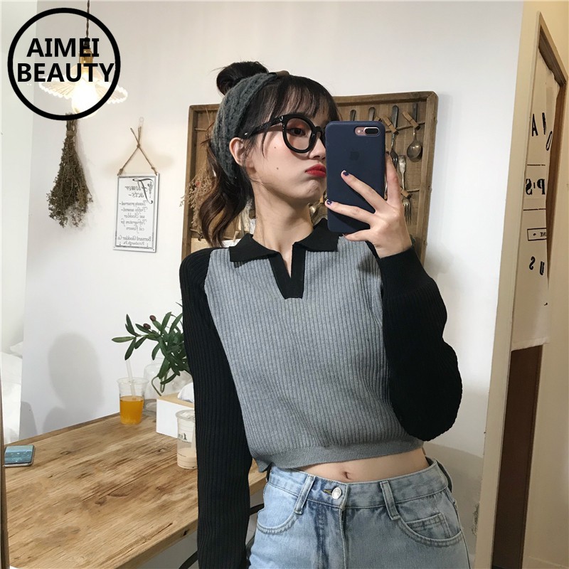 Áo croptop dệt kim dài tay phối màu cổ chữ V thời trang cho nữ | BigBuy360 - bigbuy360.vn
