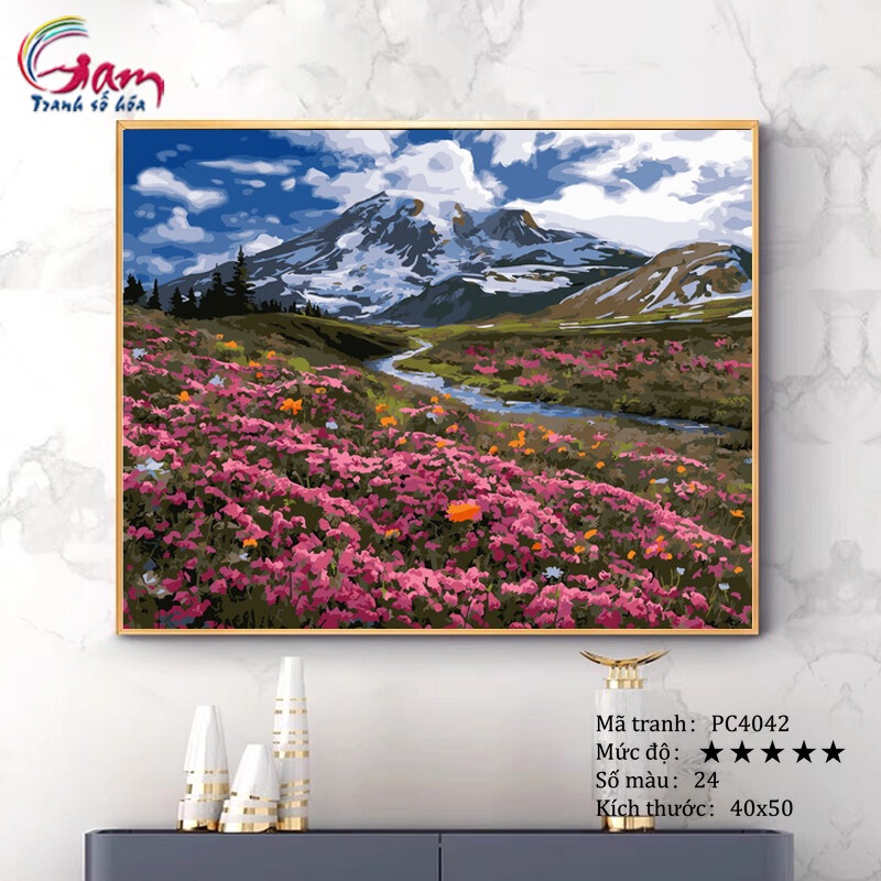Tranh sơn dầu số hóa tự tô màu Gam phong cảnh đồng hoa tím núi tuyết PC4042