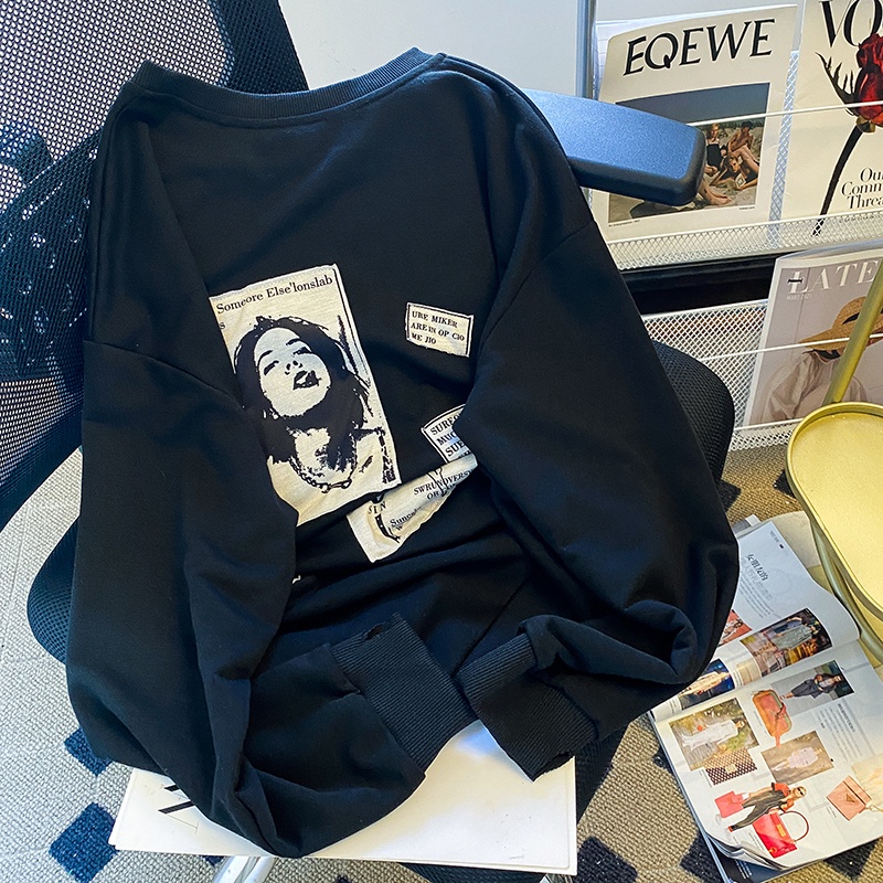 ZHELIHANGFEI Áo Thun Sweater Dáng Rộng Tay Dài In Họa Tiết Kiểu Retro Mỹ Dễ Phối Đồ