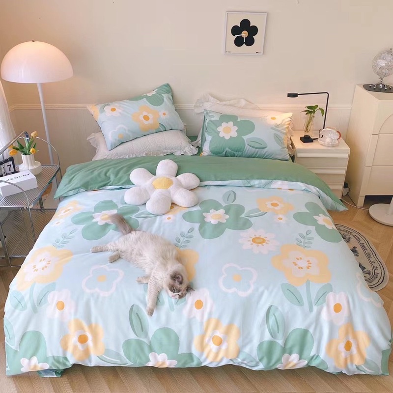 Bộ Chăn Ga Gối ❤️ cotton living 100% đủ size đệm hoa nhí Hàn Quốc miễn phí bo chun nhập khẩu Mượt Decor