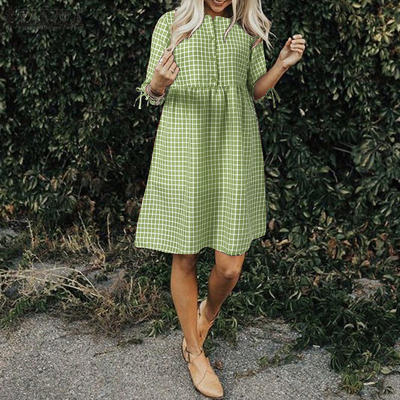 Đầm Midi Zanzea tay lửng họa tiết caro phong cách châu Âu cổ điển thời trang cho nữ