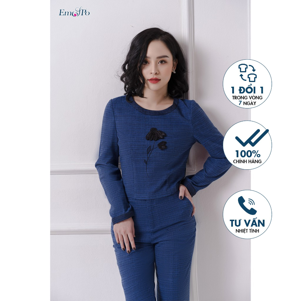 Áo sơ mi cổ tròn, đáp bọc ren, họa tiết hoa Emspo AG0001 (Xanh, Ghi)