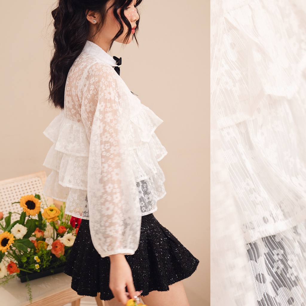 [Tặng kèm nơ cài] BLEUBIRD Áo voan organza in hoa rúm bèo tầng Yuri Shirt