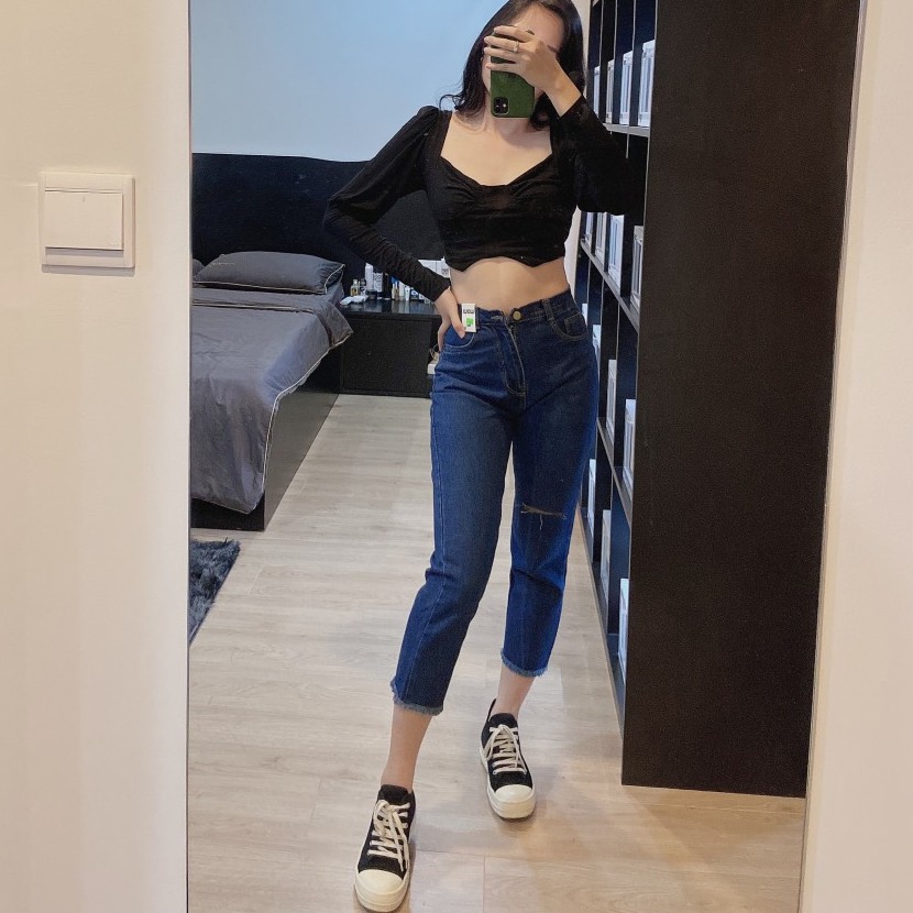 💖  Quần Jean Nữ Baggy rách  gối 💖 tua lai xanh đậm 💖 | BigBuy360 - bigbuy360.vn