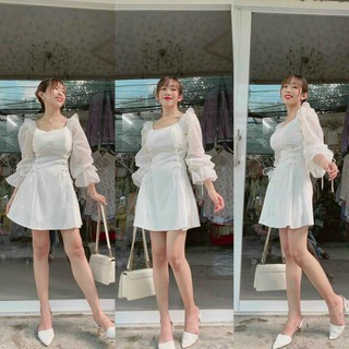 Váy trắng đan eo tay phồng