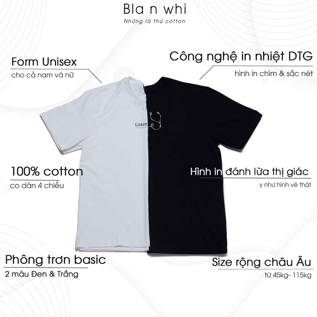 Áo thun cotton BNW in hình LISTEN dáng Unisex form rộng thời trang đơn giản cho nam nữ