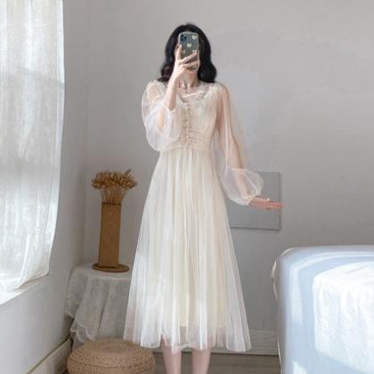 [Hàng Sẵn] Váy Trắng Tiểu Thư - Đầm Ren Công Chúa Đáng Yêu Xinh Xắn Phong Cách Thời Trang Hàn Quốc Tay Lưới Dài QCCC ‣ *