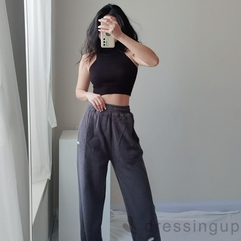Áo Crop Top Dệt Kim Cổ Tròn Không Tay Màu Trơn Có Gân Cho Nữ