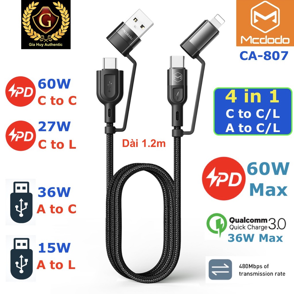 Cáp sạc nhanh Macbook Pro, iPad Pro, iPhone 12 Series, S10 MCDODO CA-807 PD 3.0 60W (4 in 1: C to C/L &amp; A to C/L) dài 1.