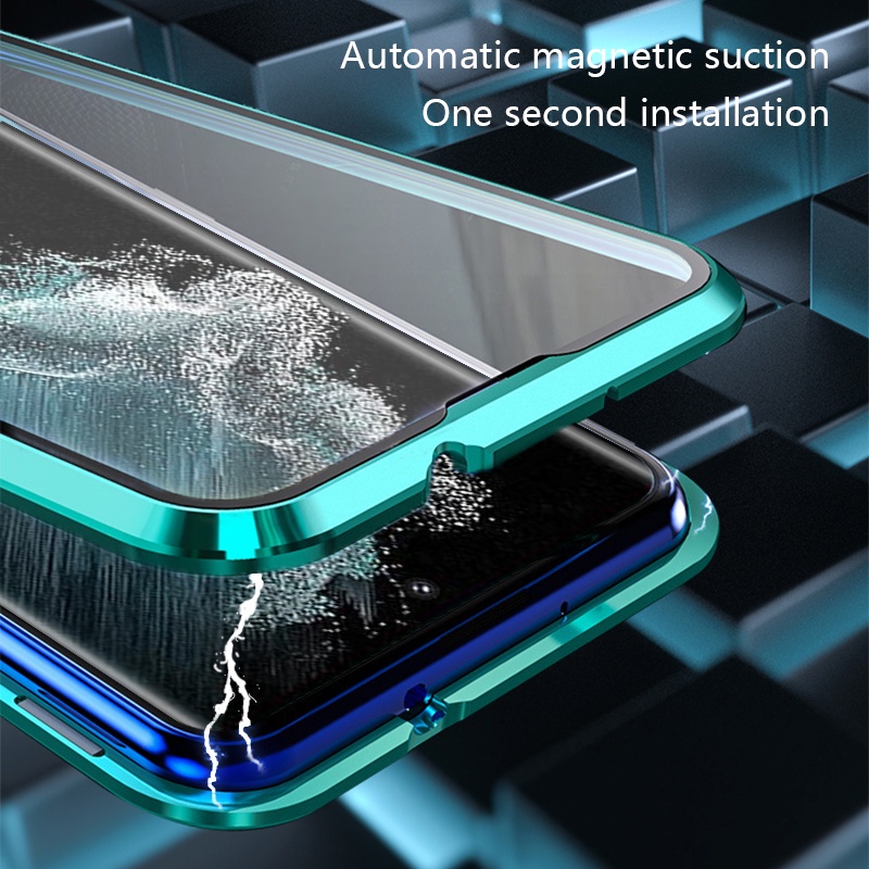 Ốp Điện Thoại Kính Cường Lực Cứng Hai Mặt Nắp Lật Khung Kim Loại Hít Nam Châm Samsung Galaxy S22 Ultra S22 Plus S22 S21 FE S21 Ultra S21 Plus S21
