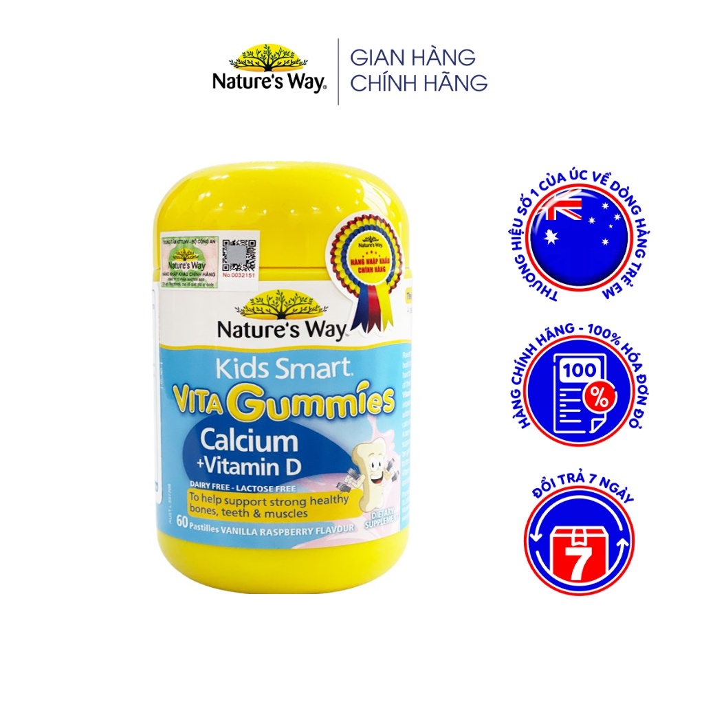 Kẹo Dẻo Canxi Cho Bé Nature’s Way Kids Smart Vita Gummies Calcium + Vitamin D Hỗ Trợ Phát Triển Chiều Cao 60 Viên