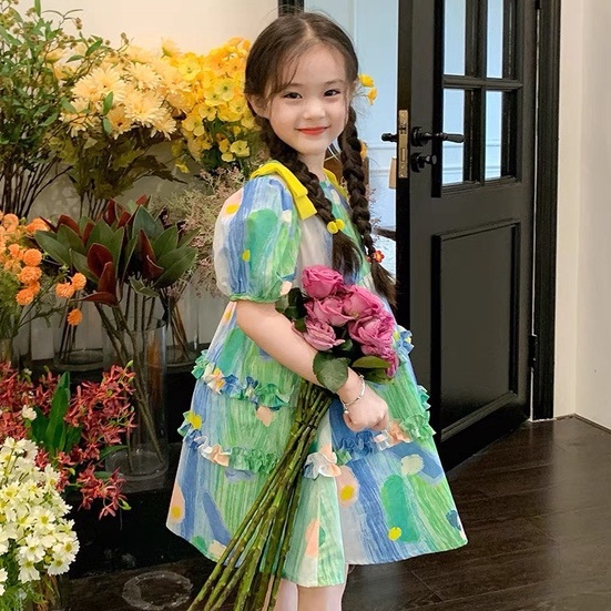 Váy hoa xanh nơ vàng cho bé gái 9-35kg size nhỡ G20