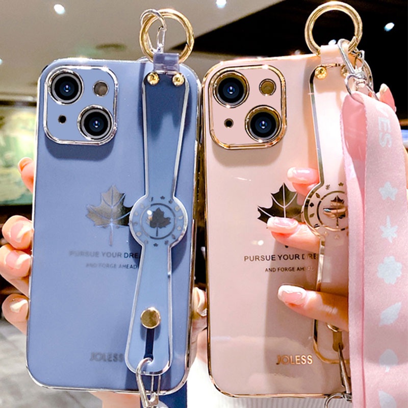 Ốp Điện Thoại Tpu Họa Tiết Lá Phong Sang Trọng Kèm Vòng Tay & Dây Đeo Cho IPhone 14 Pro X XS XR Max 8 7 6 6s Plus Se 3 2 2022 2020
