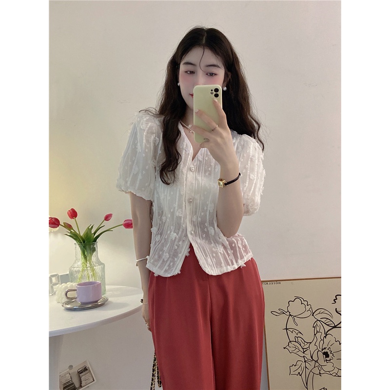 Áo Sơ Mi Tay Phồng Cổ Chữ V Thêu Họa Tiết Hoa Phong Cách Hàn Quốc Thời Trang Cho Nữ