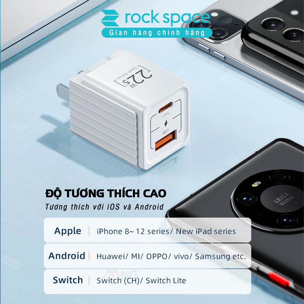 Củ sạc nhanh Rockspace T66 22.5W chuẩn PD cổng USB-TypeC không nóng máy hàng chính hãng - bảo hành 12 tháng