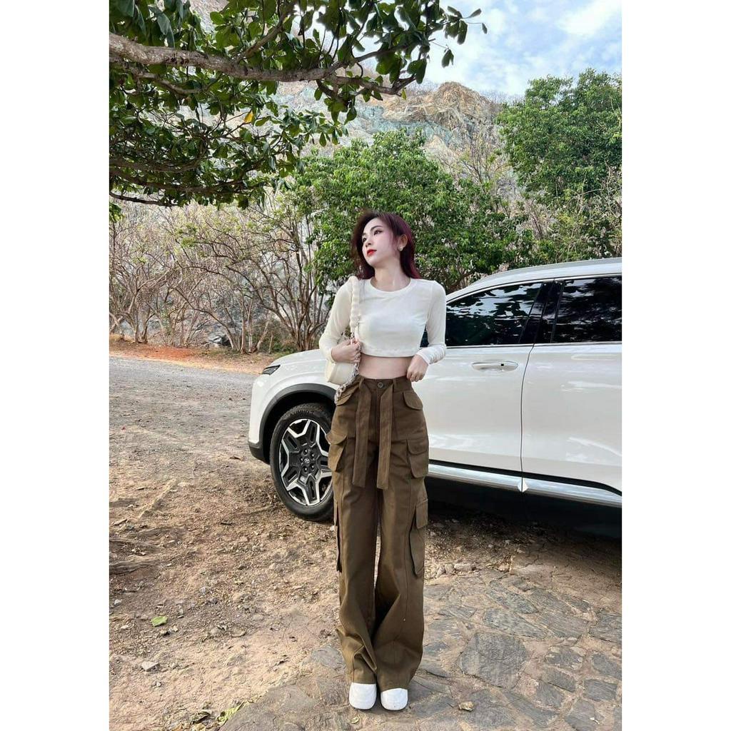 Set đồ nữ cá tính 2 món quần dài ống rộng lưng cao có khuy gài kèm áo croptop thun dài tay ôm body cực xinh