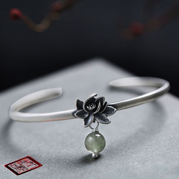 Vòng Đeo Tay Bạc 925 Hình Hoa Sen Handmade Phong Cách Hoàng Gia Cổ Điển Cho Nữ