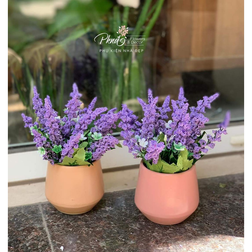 Chậu hoa giả lavender để bàn trang trí đẹp PKND CH15 (inbox chọn màu chậu)