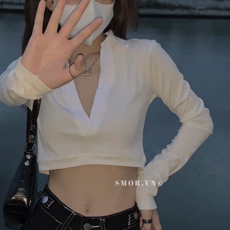 [ ẢNH THẬT ĐỘC QUYỀN SMOR.VN ] Áo croptop tay dài cổ V