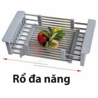 Rổ inox co giãn để trong chậu rửa chén, hoa củ quả