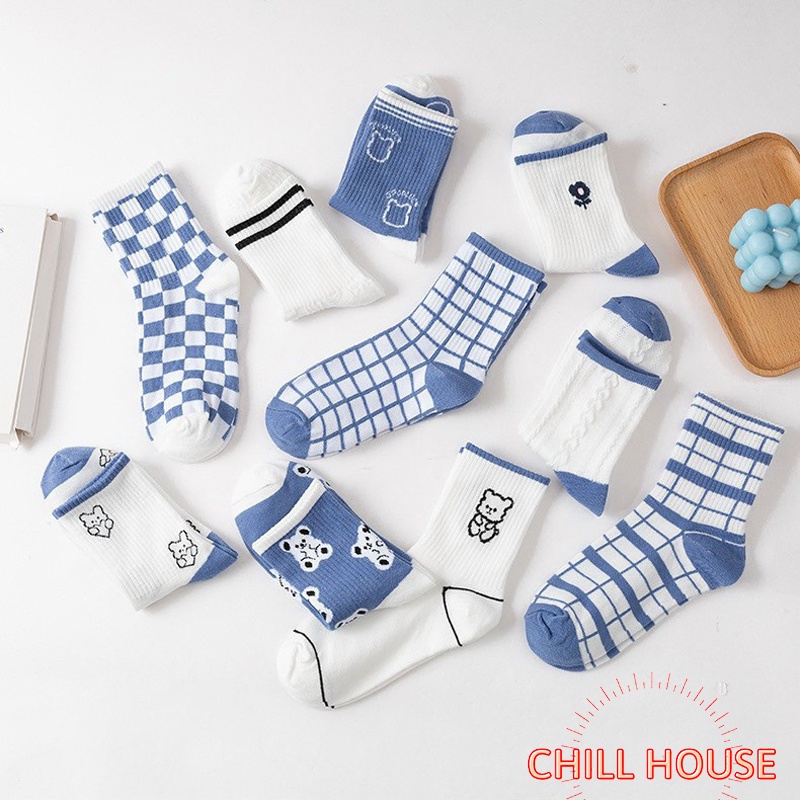 Tất nam nữ - tất cổ cao cotton tông màu trắng xanh cá tính thấm hút mồ hôi T781 CHILL HOUSE