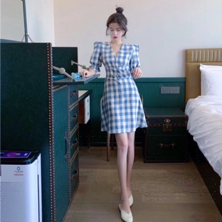Đầm caro xanh nút bọc (kèm hình thật)