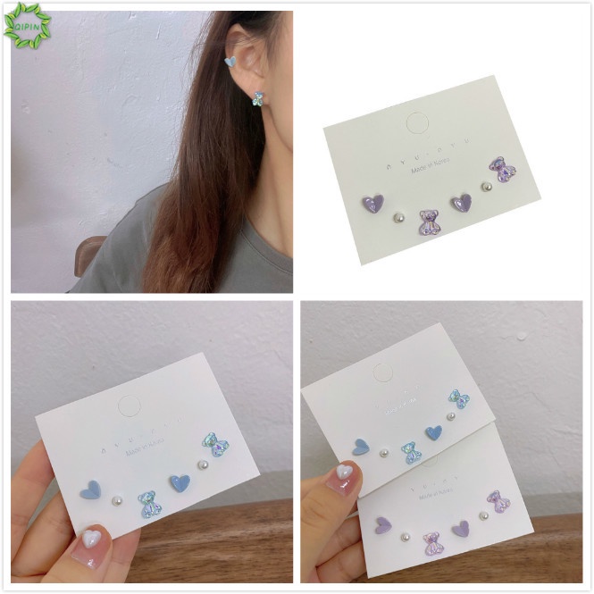 Bộ 3 cặp khuyên tai hình trái tim / gấu bằng gốm sứ đính ngọc trai đáng yêu cho nữ