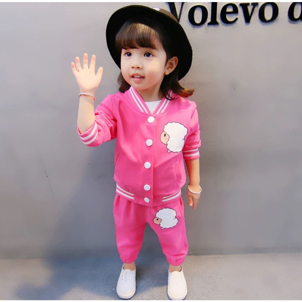 Bộ Quần Áo Kẻ Sọc Size Lớn Hình Cừu Nhập Khẩu Từ 7 Tháng Đến 3 Tuổi Màu Hồng Cam Cho Bé Gái
