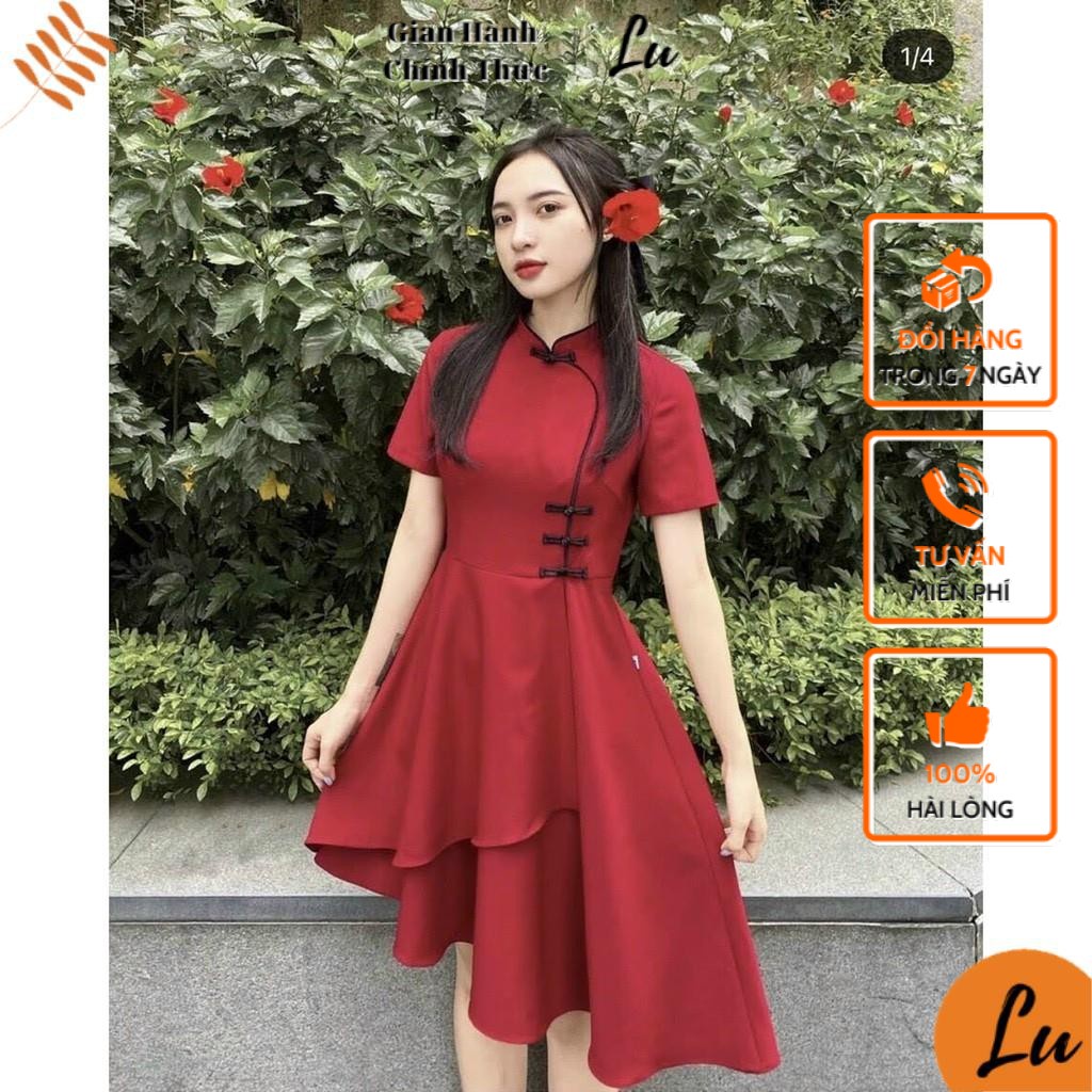 Đầm Xoè Nữ LuShop Sắc Đỏ Lệch Tà May 2 Lớp hợp với Chơi Tết Dạo Phố Đi Chơi Hàng Cao Cấp Giá Tốt